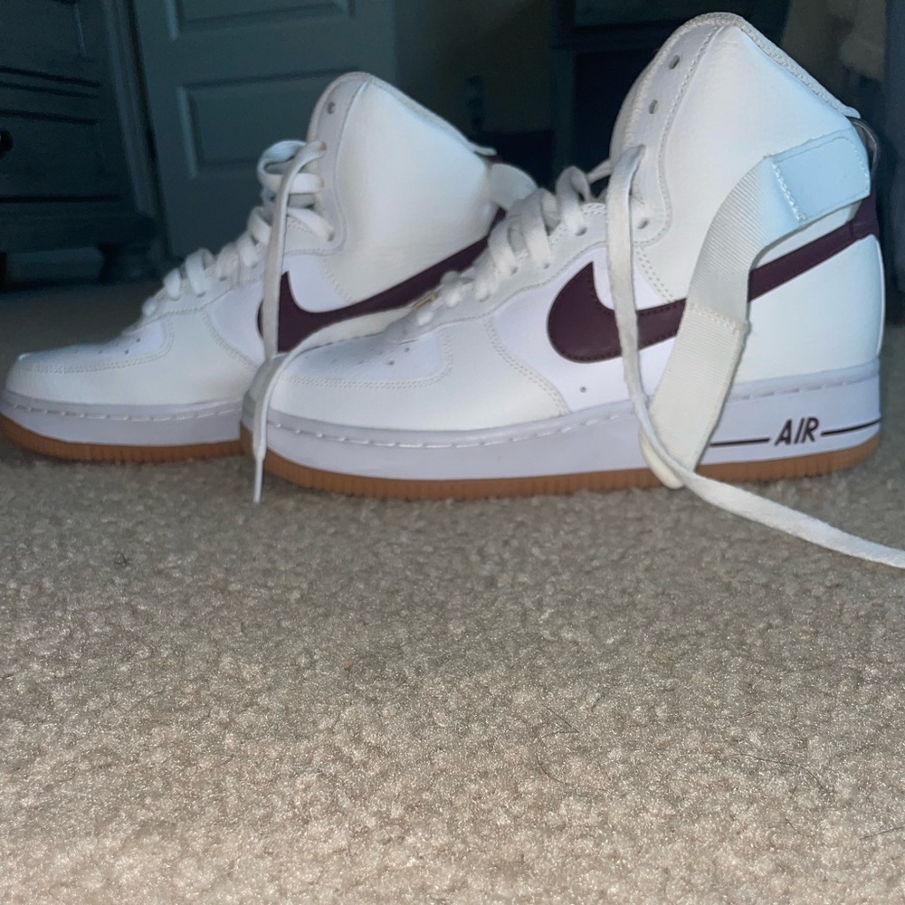 Nike Air Force 1s White and Burgundy High Tops